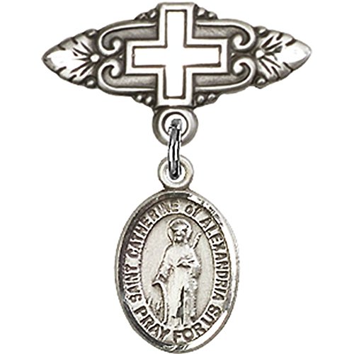 Sterling Silver Baby Badge with St. Catherine of Alexandria Charm and Badge Pin with Cross 1 X 3/4 inches
