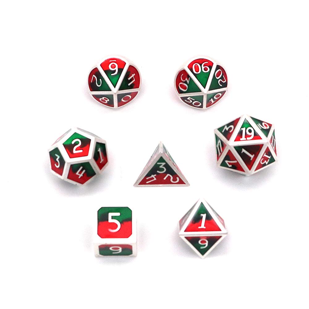 DollaTek 7 PCS Metal Dice Set DND Game Polyhedral Solid Metal D&D Dice Set with Storage Bag and Zinc Alloy with Enamel for Role Playing Game Dungeons and Dragons (Double Color Mix Red and Green)