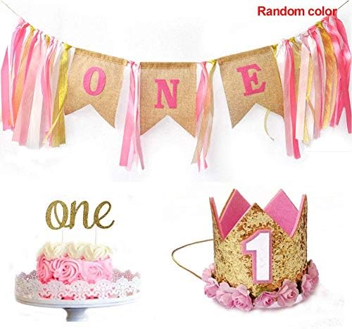 nakw88 Banner Set Burlap 1st Birthday Decoration High Chair Colorful DIY Cake Smash Happy With Hat Letter Cartoon Girl Boy Baby(Girl)