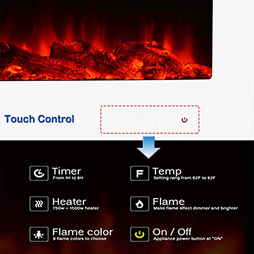 YODOLLA 50" White Electric Fireplace Insert,Touch Screen Control Panel & Remote Control, 750-1500W Heater with Timer & 3 Flames