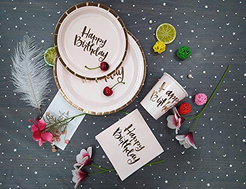 Ottin Pink Happy Birthday Party Packs for 50 Guests, Rose Gold Foil Paper Plates and Napkins Set, Perfect for Birthday, Anniversary, Party Supplies (Happy Birthday Paper Dinnerware, 50 Guests)