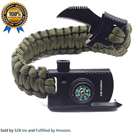 S2B Outdoor Paracord Survival Bracelet 500 LB - Hiking Travelling Camping Gear Kit - Parachute Rope Bracelet - Compass,Flint Stone,Fire Sticks,Knife,Whistle