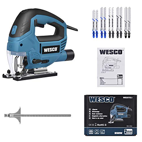 Stichsäge 850W, Elektro Stichsäge & LED, 4-Stufen-Pendelung, 3000SPM, 6-Geschwindigkeitsvorwahl, Schnittwinkel ± 45 ° mit 10 Blättern, Fußplatte aus Aluminium, Motor aus Kupfer WESCO WS3772