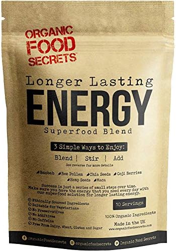 Longer Lasting Energy Organic Superfood Powder Blend (250g), with 100% Natural Dried Goji Berries, Chia Seeds, Hulled Hemp Seeds, Bee Pollen, Maca Powder and Baobab Powder.