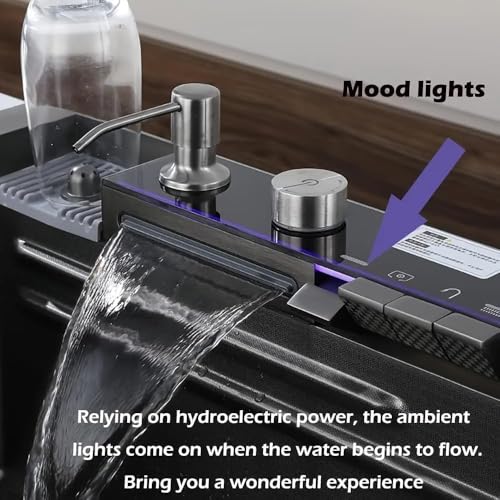 4 Water Outlet Modes Waterfall Kitchen LED Sink with Multifunctional Digital Display Faucet - Durable Stainless Steel Single Bowl Workstation Sink(Size: 80 * 45 * 22cm)