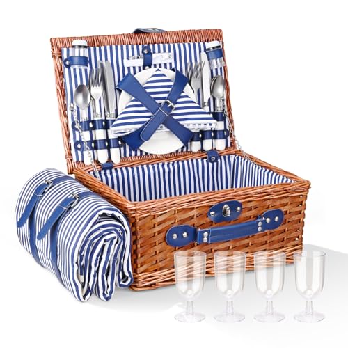 4 Person Picnic Basket, Wicker Picnic Set with Waterproof Picnic Blanket and Cutlery Set, Picnic Basket for Camping, Blue