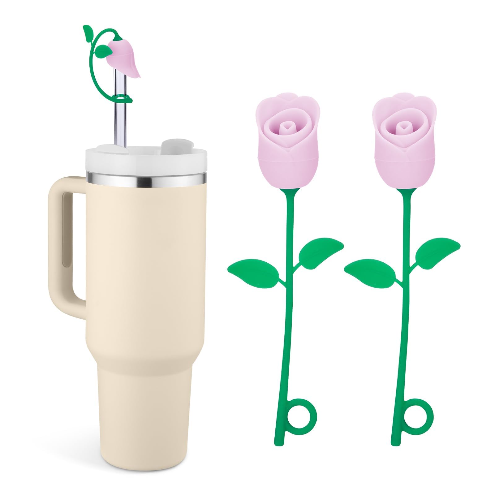 Pack of 2 Pink Mini Rose Straw Case, Stanley Cup Leak-Protection, Stanley Accessories, Compatible with Stanley Cup 30 & 40 Oz, 6 8 10 mm Straw Accessories, Halloween and Christmas Gifts for Women and