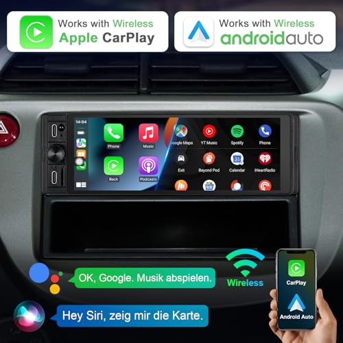 1 DIN Radio Compatible with Wireless CarPlay & Android Car, Car Radio 1Din with 6.28 Inch HD Screen, Navi, Bluetooth, AM/FM/RDS, TF, AUX, SWC