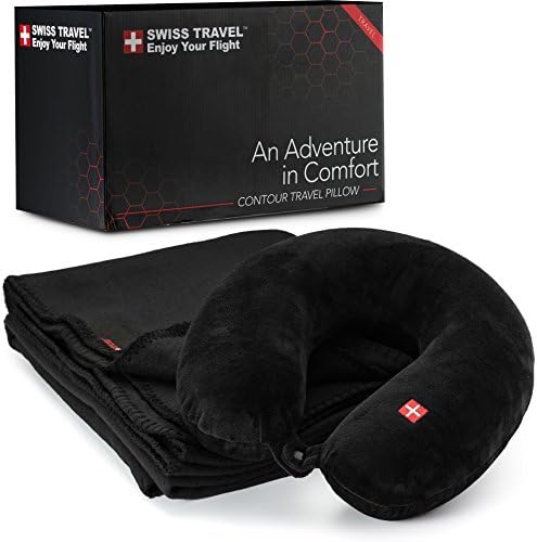 Swiss Air travel pillow Machine washable, memory foam U shaped neck pillow, with a cozy plush fleece blanket (Black)