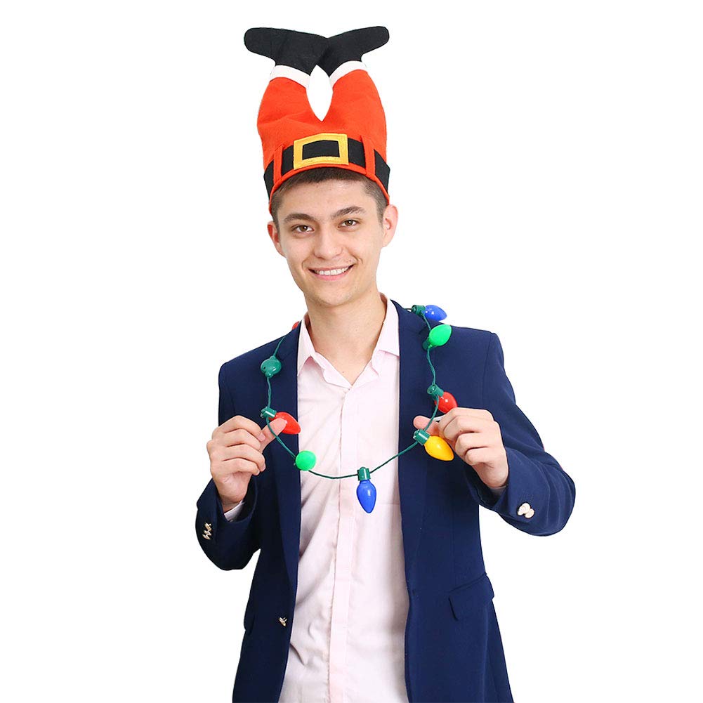 Christmas Red Santa Legs Pant Hat and LED Light-up Bulb Necklace for Ugly Sweater Christmas Xmas Holiday Party