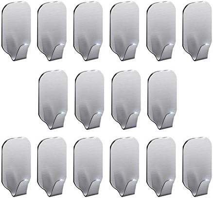 Hgery Adhesive Hooks, 3M Self Adhesive Wall Hook for Key Robe Coat Towel, Super Strong Heavy Duty Stainless Steel Wall Mount Hook, No Drill No Screw, Waterproof, for Kitchen Bathroom Toilet, 16 Pieces