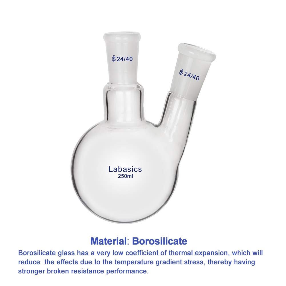 Labasics Glass 250ml 2 Neck Round Bottom Flask RBF, with 24/40 Center and Side Standard Taper Outer Joint, 250ml - Image 4