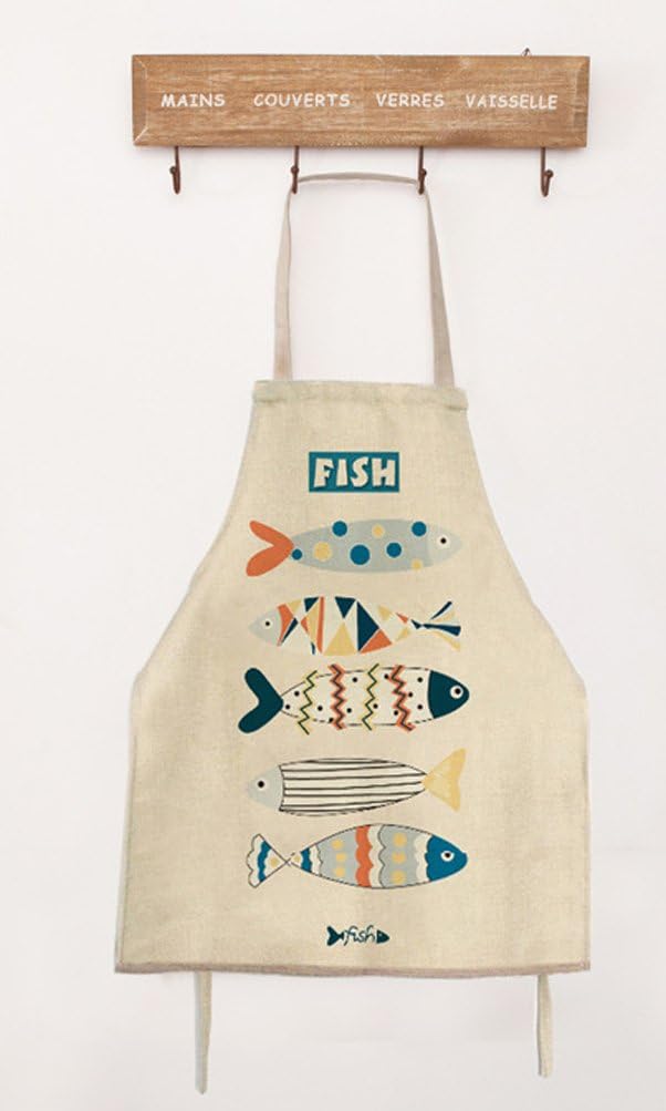 Eazyhurry Cotton Linen Fabric Cartoon Five Fish Print Adjustable Women Kitchen Chef Apron Child Halter Bib Apron 15.7" W X 19.6" H