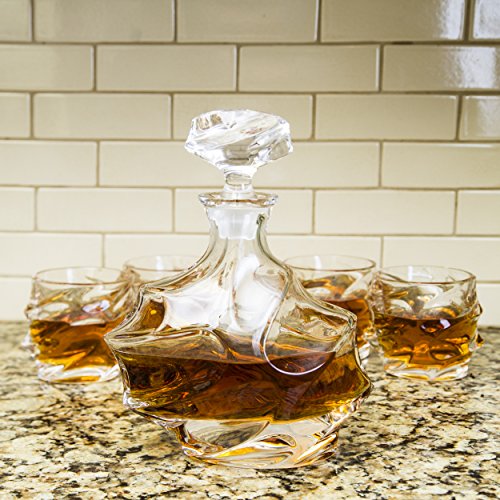 Beautiful Mountain Decanter Set, by The Wine Savant - Limited Edition and Luxurious Lead Free Glass, Comes with 1 Decanter (750ML) 4 Glasses