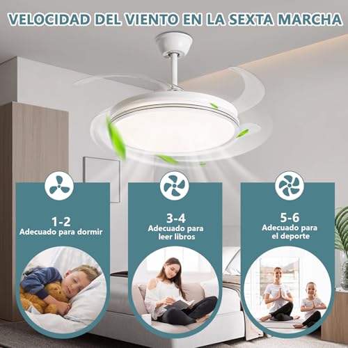 Megaluz F2016-42 Ventilador de Techo Retráctiles de 42 Pulgadas Abanico de Techo con Luz LED, 3000K-6500K Luz Amarilla Cálida a Luz Blanca Fría, Control Remoto y App, 6 Velocidades