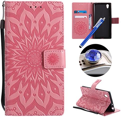 Etsue Sony Xperia L1 Leather Case,Sony Xperia L1 Wallet Case, Embossing Sunflower Pattern Retro Bookstyle Flip Case Cover with Strap Leather Wallet Case Stand Function Credit Card Slots Magnet Closure for Sony Xperia L1+Blue Stylus Pen+Bling Glitter Diamond Dust Plug(Colors Random)-sunflower,Pink