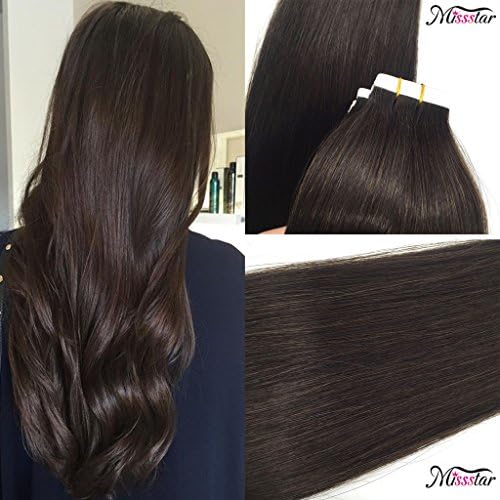 Misstar 18-24inches Dark Brown #2 Tape in Hair Extensions Remy Human Hair Straight Skin Weft Extensions 20pcs 50g Per Package 22"