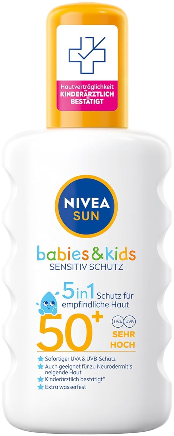 Nivea Sun Kids Sensitive Sun Spray in 1 Pack (1 x 200 ml) Spray with SPF 50+ Sun Lotion for Sensitive Children's Skin