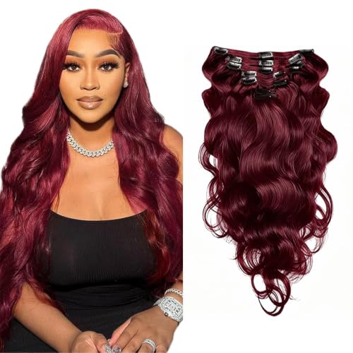 #99J Burgundy Clip In Hair Extensions Real Human Hair 32 Inch Wine Red Long Wave Clip in Seamless Extensions Human Hair Skin Weft Seamless Invisible Unprocessed Brazilian Virgin Remy Hair 120g at Amazon