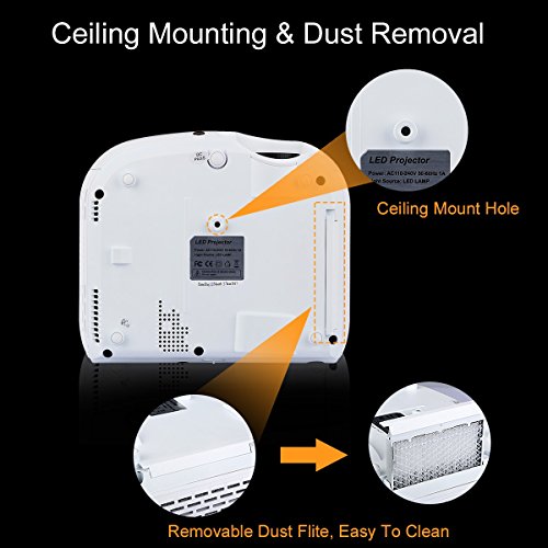Portable Porjector, Multimedia Entertainment Games Party 1080P HD Video Projector 120 Inch with Mount Hole for Home Cinema Theater Project Support DVD TV PC Laptop iPhone Android Phone - Thumbnail 5
