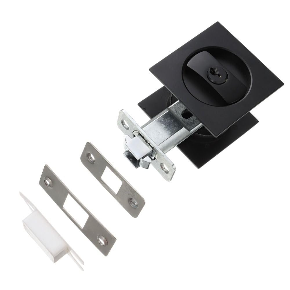 Upluckey Pocket Door Lock Matte Black Contemporary Privacy Square Pocket Door Hardware Sliding Door Lock with Key