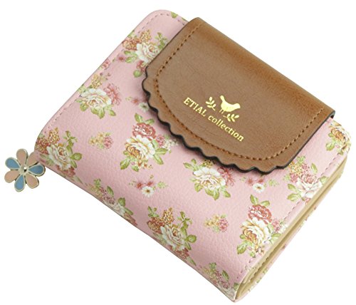 ETIAL Women's Vintage Floral Zip Mini Wallet Short Design Coin Purse Pink