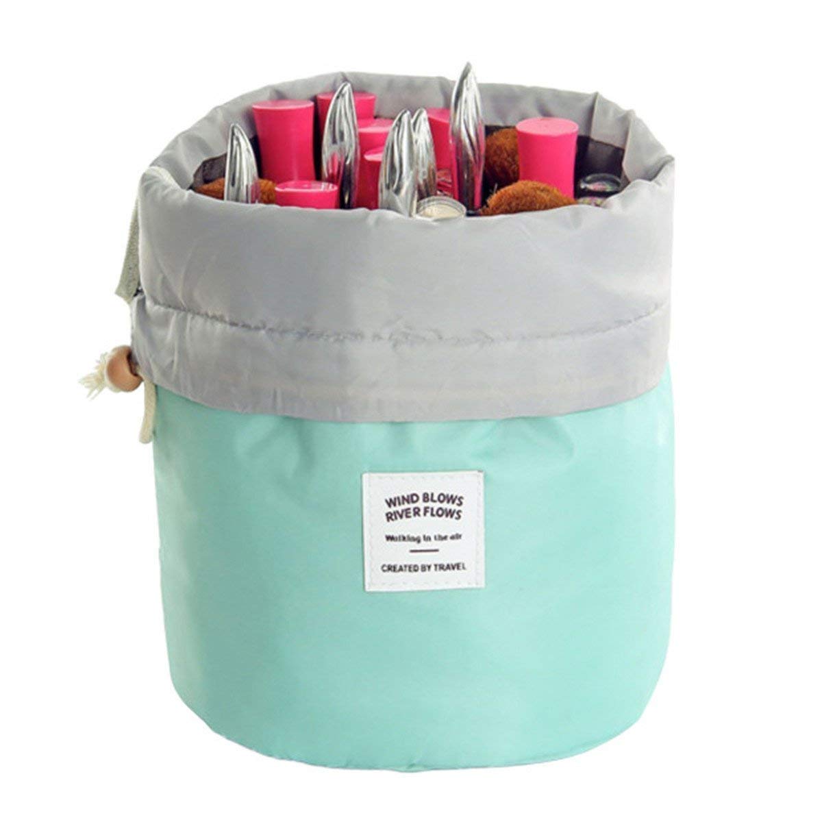 Travel Cosmetic Bags Barrel Makeup Bag, Women&Girls Portable Foldable Cases, EUOW Multifunctional Toiletry Bucket Bags Round Organizer Storage Pocket Soft Collapsible(Lightblue) : Beauty