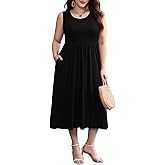 LARACE Women's Plus Size Sleeveless Maxi Dress Casual Crew Neck Pleated Flowy Long Dresses with Pockets L-6XL