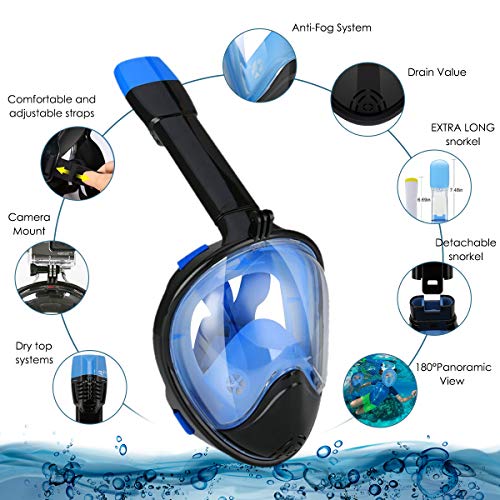 BFULL Snorkel Mask Full Face 180Â° Panoramic Sea View Anti-Fog Anti-Leak Snorkeling Mask with Action Camera Mount and Soft Adjustable Head Straps for Kids and Adults (Black-Blue, S/M)