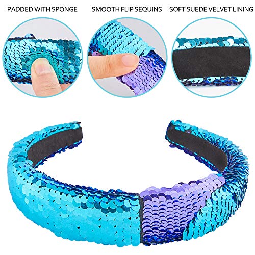 Basumee Mermaid Sequin Headband, Magic Reversible Sequins Padded Alice Hair Band for Girls and Women (Teal and Purple)