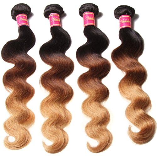 Nadula 6A Grade Brazilian Virgin Wavy Ombre Body Wave 3 Bundles Cheap Human Hair Products 95-100g/pcs Remy Weave Extensions Natural Color (16 18 20, T1b/4/27)