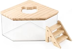 Jinzhenhong Large Hamster Sand Bath, Pentagon Hamster Sand Bath Container with Climbing Ladder, Large Acrylic Hamster Dig Box with Wood Cover, Sand Bath for Hamsters Small Animals (Pentagon)