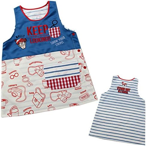刺繍 ベビー マタニティ 正規品送料無料 エプロン プリント 100 品質保証 刺繍 アップリケ ラン型 新作製品 世界最高品質人気 ウォーリーを探せ 家電 カメラ B079zvg3ys ブルー 保育士 総柄シリーズ キャラクターエプロン 幼稚園 サイドボタン ポケット付き 激安超