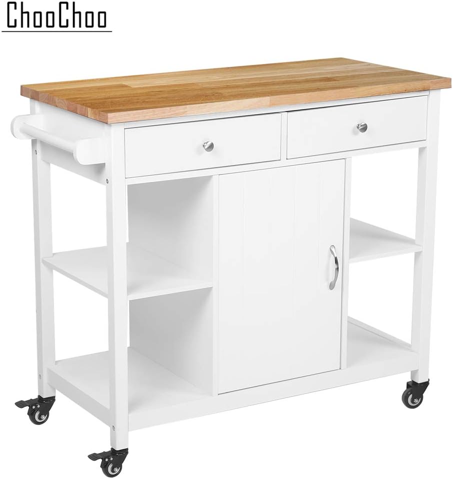 White ChooChoo Kitchen Cart on Wheels with Wood Top Utility Wood Kitchen Islands with Storage