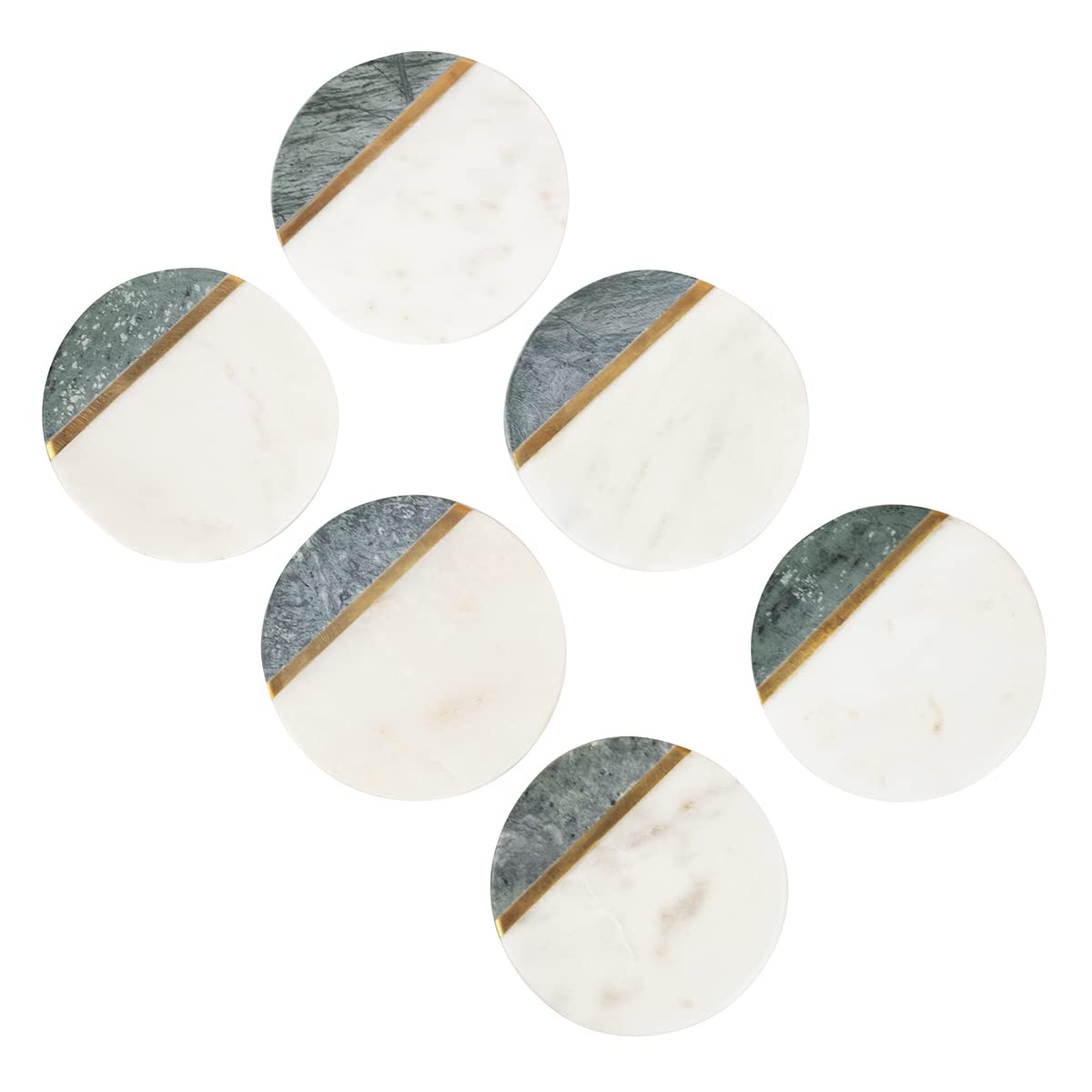GoCraft Round Marble Coasters - Set of 6 Handcrafted Modern Coasters - White & Green Marble with Gold Brass Inlay for Beverages & Wine/Bar Glasses — image 1