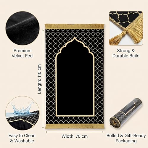Aishini Soft Velvet Prayer Mat 70×110 cm – Thick Islamic Sajadah Janamaz with Anti-Slip Base, Washable Lightweight Salat Rug for Men Women & Kids, Elegant Prayer Mat for Ramadan Eid Gift
