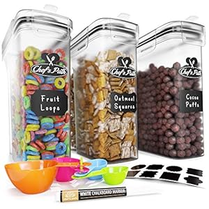 Chef's Path Cereal Storage Containers (4L, Set of 3) - Plastic Airtight Food Storage Containers with Lids, Labels, Spoon…