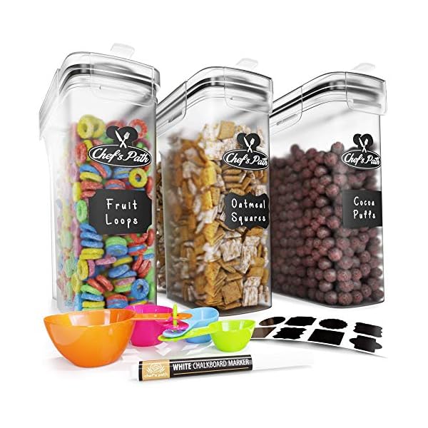 Cereal-Container-Storage-Set-Airtight-Food-Storage-Containers-8-Labels-Spoon-Set-Pen-Great-for-Flour-BPA-Free-Dispenser-Keepers-4L-Chefs-Path Chef's Path Cereal Storage Containers (4L, Set of 3) - Plastic Airtight Food Storage Containers with Lids, Labels, Spoon…