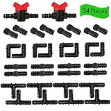 Yamlion Drip Irrigation Fittings Kit, Irrigation Barbed Connectors for 1/2" Tubing 34 Piece - 2 Switch Valves, 8 Couplings, 8 Tees, 8 Elbows and 8 End Cap Plugs, Irrigation Water Hose Connector