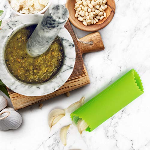 Mortar and Pestle Set - Polished White and Grey Marble Bowl with Bonus Garlic Peeler | Great for Guacamole! | 2 Cup Capacity. Protective Pad for Stability and Protected Counters