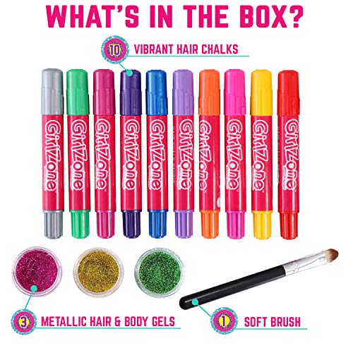 GirlZone: Hair Chalk & Body Glitter Gels Makeup Set for Girls: 10 Hair Chalks & 3 Hair, Body & Face Glitter Gels Great Birthday Present Gifts for Girls Aged 4 5 6 7 8 9 10 Years Old - Thumbnail 2