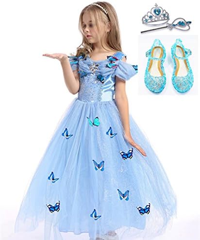 Titanos Little Girl Cinderella Princess Dress,Long Sleeve and Short Sleeve Party Costume Dress with Accessories (blue1, 9-10Years)