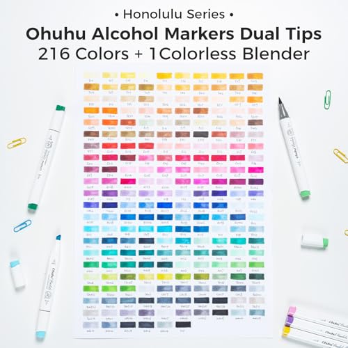 Ohuhu Marcadores de Pincel - Set 216 Colores, Marcadores Artísticos Doble Punta a Base de Alcohol para Artistas Adultos, Ilustración - Pincel & Cincel Dual Punta - Serie Honolulu de Ohuhu
