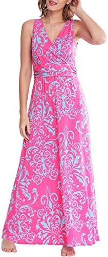 YIHUAN Women's V Neck Sleeveless Empire Floral Print Party Long Dress