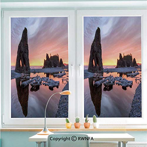 RWNFA Window Film No Glue Glass Sticker Sunset Theme Sea Stacks and Driftwood at Ruby Beach Digital Image Static Cling Privacy Decor for Kitchen Bathroom 22.8x35.4inches,Orange and Grey - Thumbnail 5