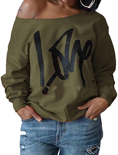 DressU Women's Letter Printed One Shoulder Sexy Tracksuit Sweatshirt Army Green L