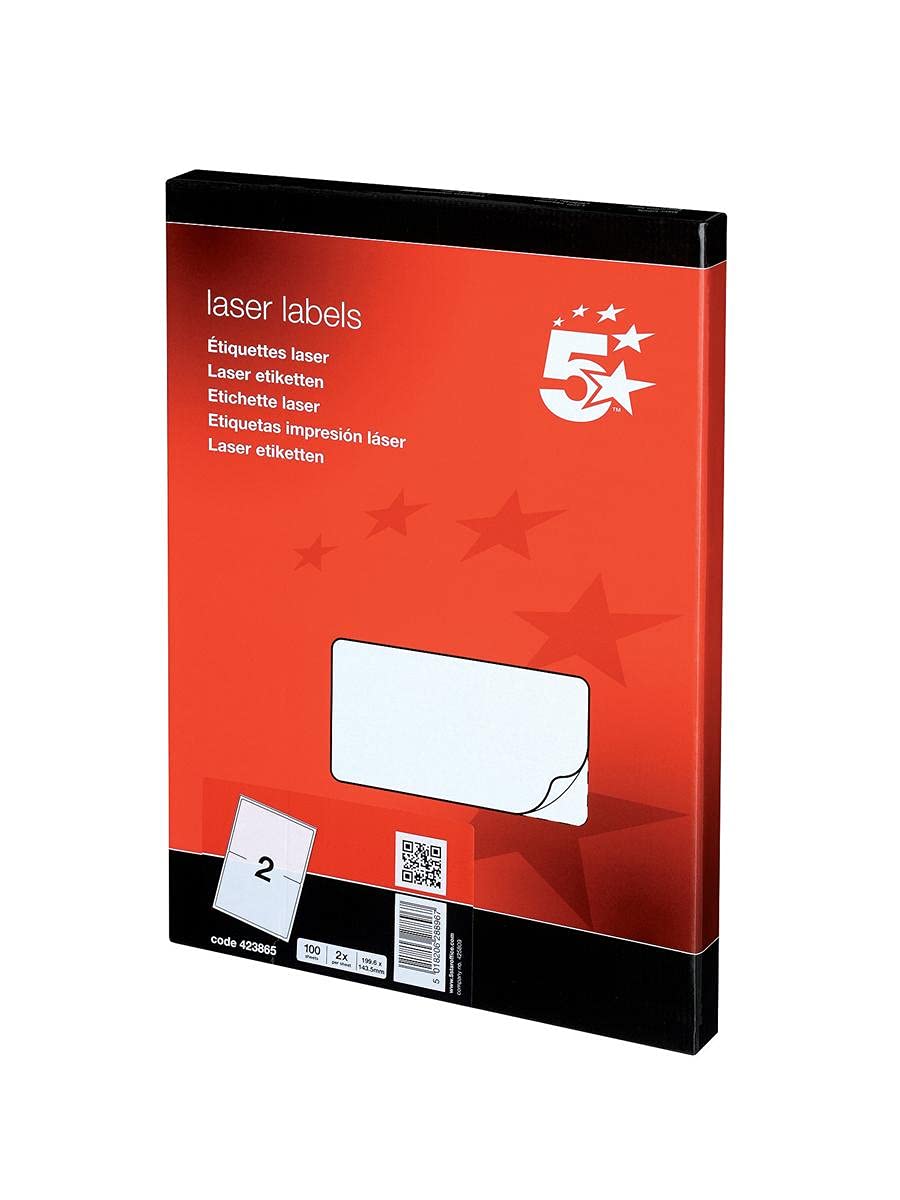 5 Star Addressing Labels Laser 2 per Sheet 199.6x143.5mm White [200 Labels]