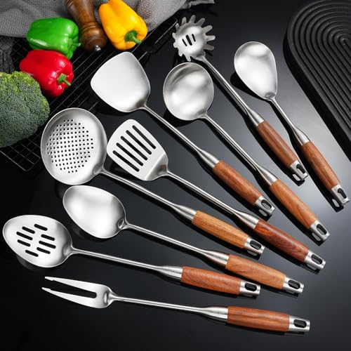 NIITAWH Stainless Steel Kitchen Utensils Set with Wooden Handle for Cooking 9 PCS with Solid and Slotted Spoon, Fork, Spatula, Ladle, Skimmer, Slotted Tunner, Spaghetti and Large Spoon