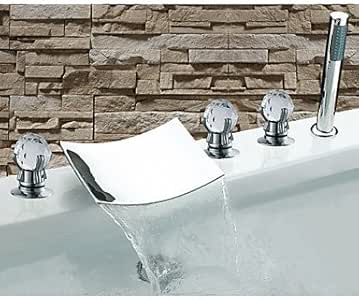 Contemporáneo cromado Tres asas grifo de la bañera cascada con ducha de