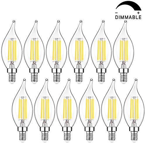 (12 Packs) E12 Candelabra LED Bulbs, 40W Equivalent Dimmable LED Chandelier Light Bulbs, E12 4W Daylight White 5000K, CA11 Vintage Filament LED Candle Bulb with Decorative Candelabra Base